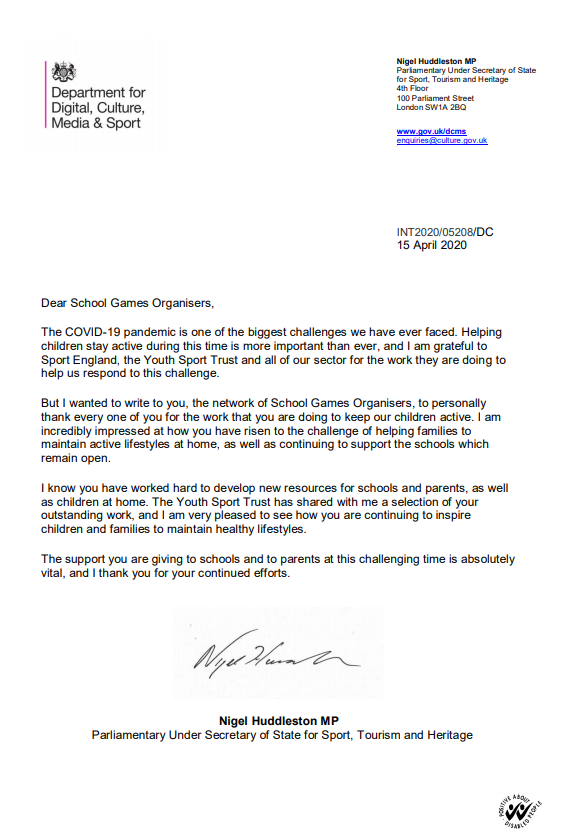 DCMS Email to SGOs - April 2020