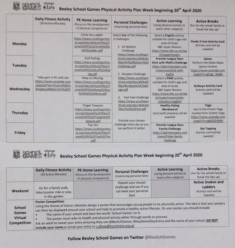 Your School Games Physical Activity Plan For Week Beginning 20th April