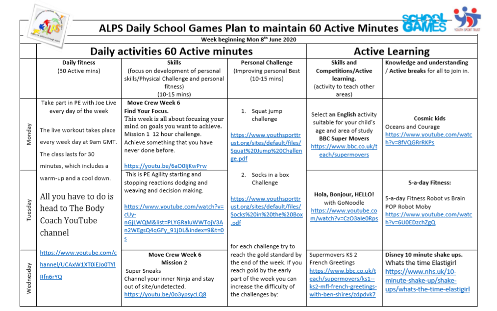 Your School Games week 8 Activity plan